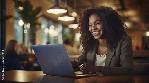 Radiant Smile: Confident Businesswoman Working Happily on Laptop in Café