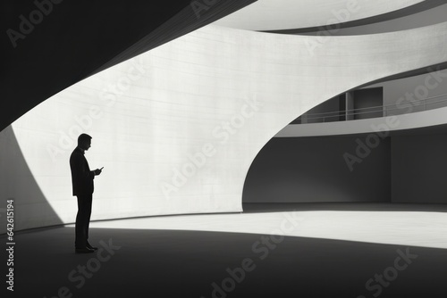 Businessman in Shadow and Light: Modern Corporate Architecture and Solitude