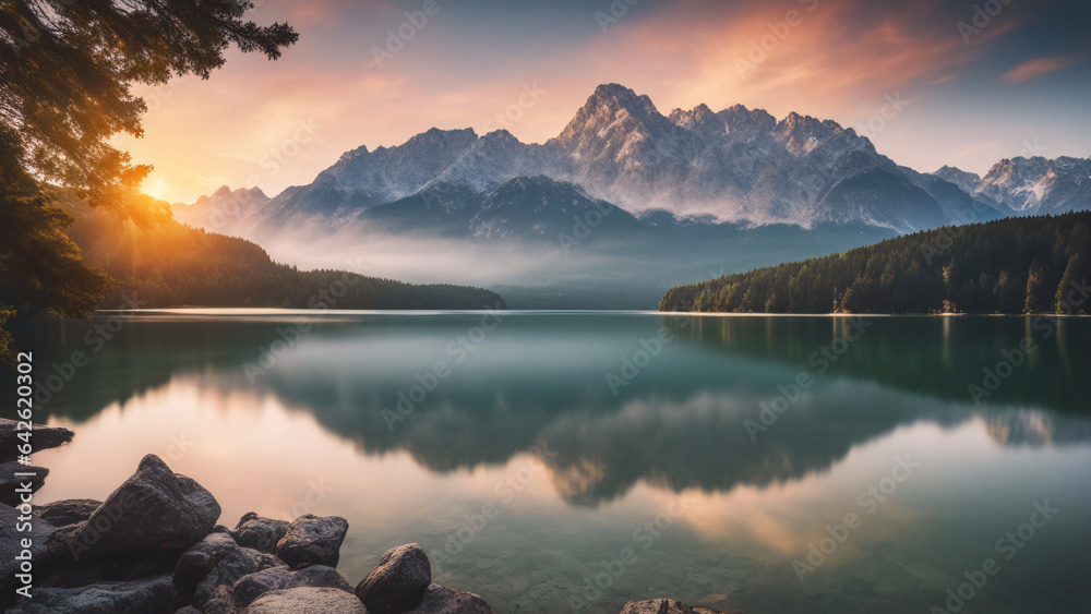Impressive summer sunrise on Eibsee lake with Zugspitze mountain range. Sunny outdoor scene in German Alps, Bavaria, Germany, Europe. Beauty of nature concept background. - obrazy, fototapety, plakaty 