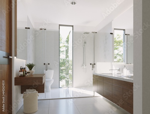 3d render of minimalist modern bathroom with garden view