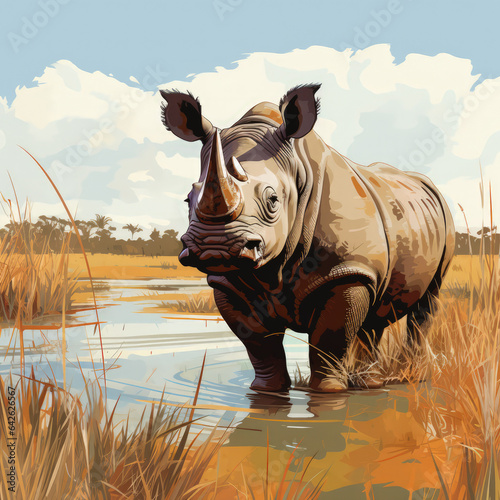 A depiction of a rhinoceros in its natural habitat. Rhinoceros in the wild. AI generated
