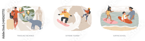 Holiday trip isolated concept vector illustration set. Traveling the world, extreme tourism, surfing school, hitchhiking, travel blog, foreign country destination, plane departure vector concept.