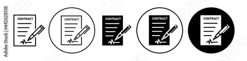 Contract icon. Business agreement deal legal paper work symbol. Vector set of company job notary document form. Flat outline of finance employment project note with pen signature. Deal terms deed logo
