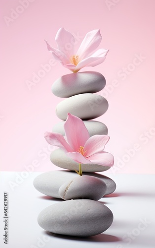 spa stones and pink flowers on a white surface with copy space in the background photo is taken from above stock photo