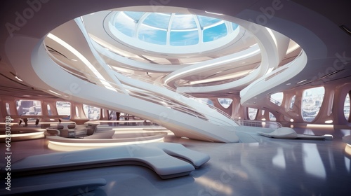 Beautiful modern futuristic building interior architectur, copy space, 16:9