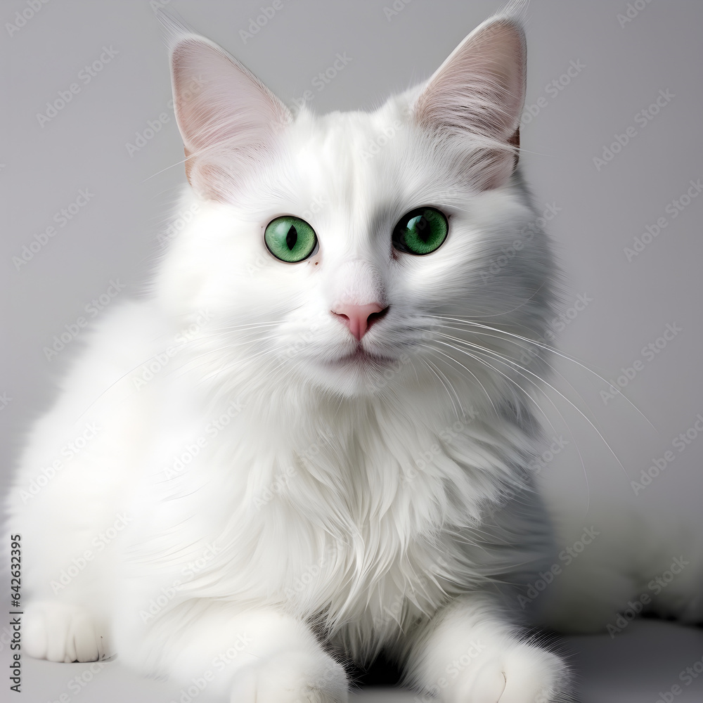 Illustration of a pristine white cat with mesmerizing green eyes, capturing the elegance and mystique of this feline beauty