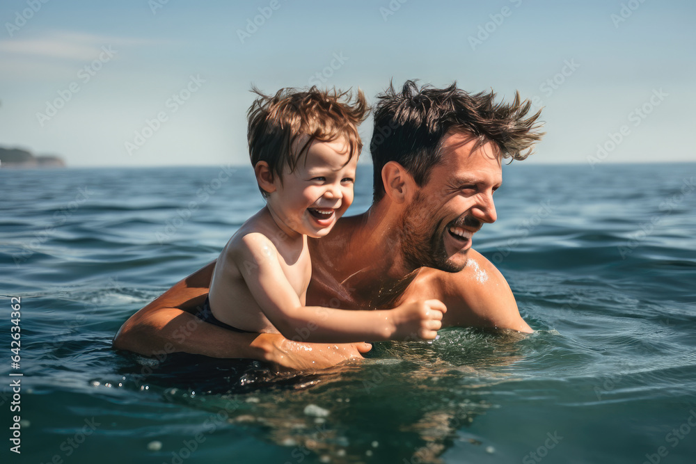 Father and son playing in the water during a sunny summer day, Father and son playing in the water during a sunny summer day,