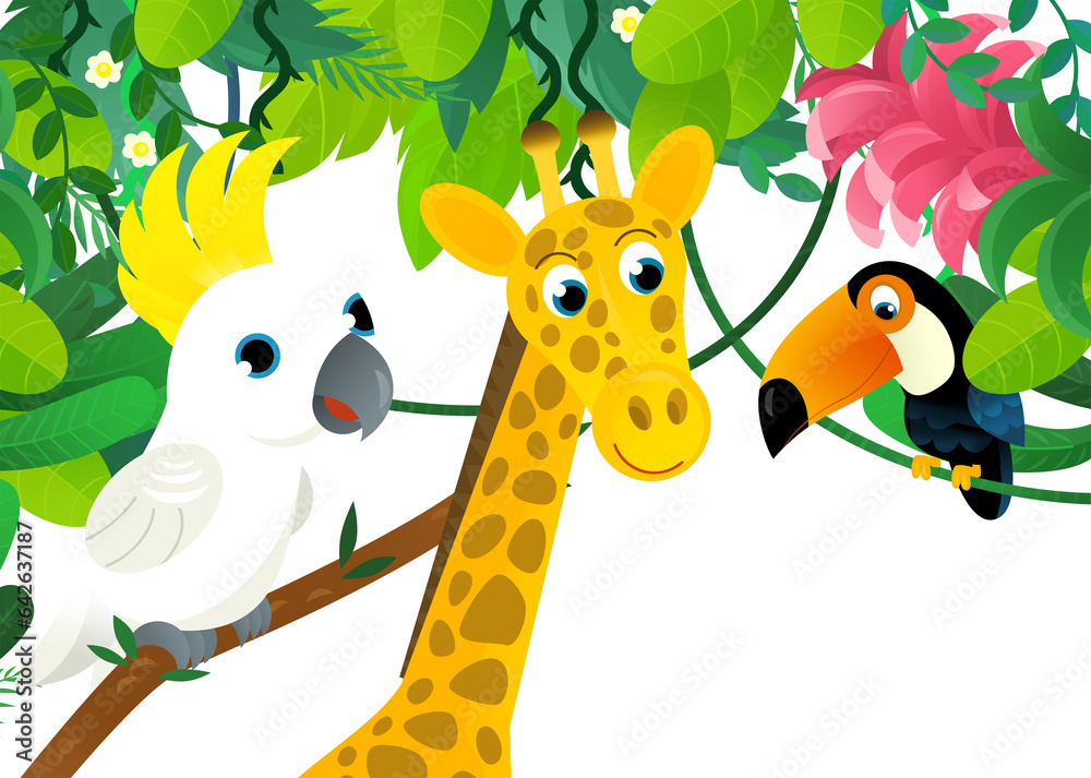 cartoon scene with jungle and animals and parrot bird being together as frame illustration for children cartoon scene with jungle and animals and parrot bird being together as frame illustration for children