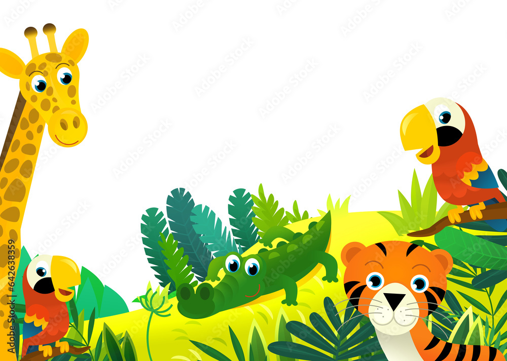 Naklejka premium cartoon scene with jungle and animals and parrot bird being together as frame illustration for children