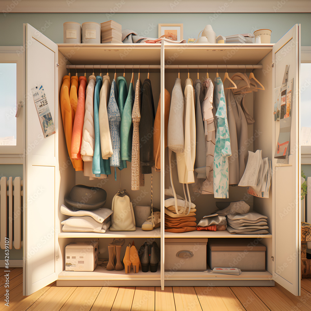 Illustration of an open closet filled with a colorful array of clothes, reflecting the variety and style choices awaiting your selection
