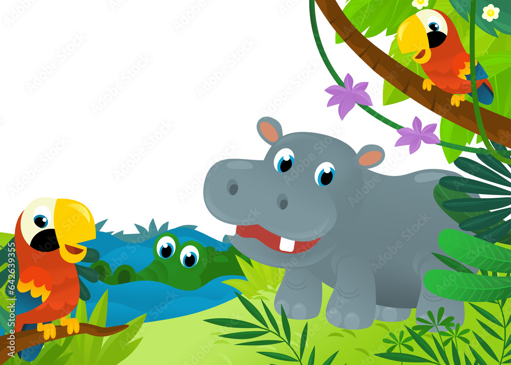 Fototapeta premium cartoon scene with jungle and animals and parrot bird being together as frame illustration for children
