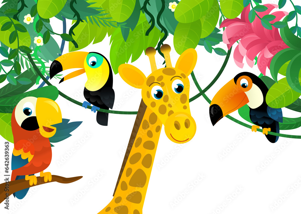 Fototapeta premium cartoon scene with jungle and animals and parrot bird being together as frame illustration for children