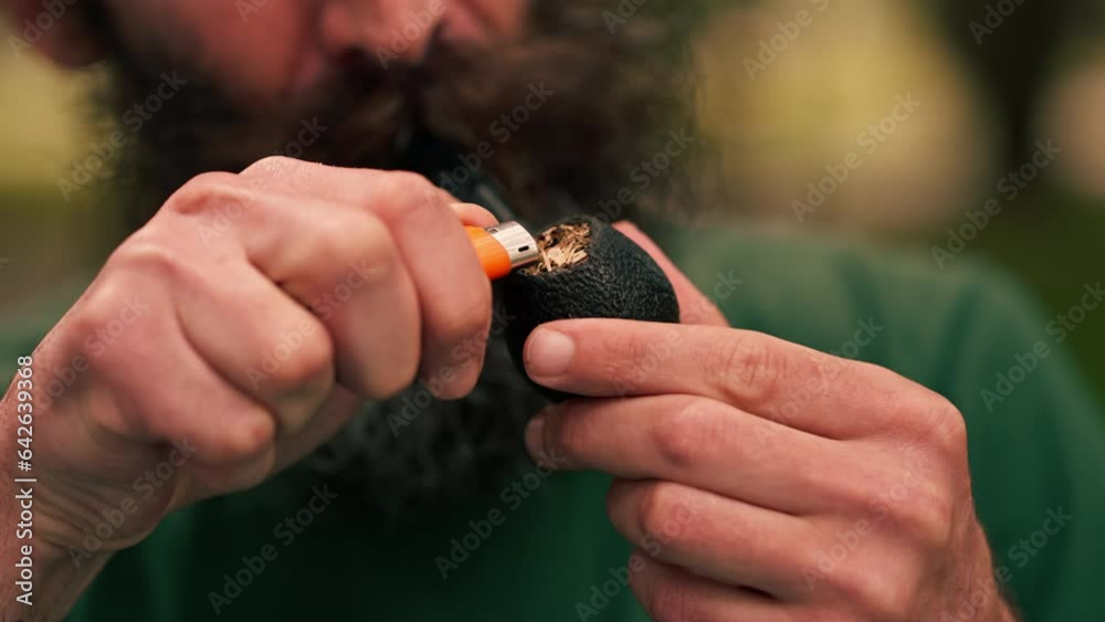 closeup of male hands smoking a pipe with tobacco in a city park