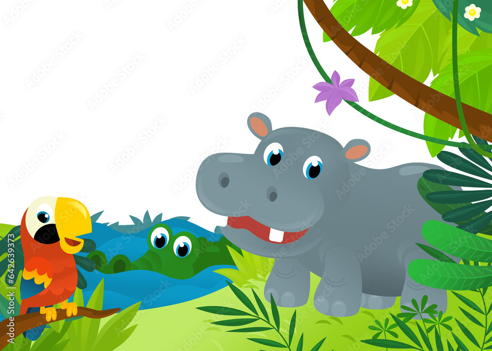 Naklejka premium cartoon scene with jungle and animals and parrot bird being together as frame illustration for children