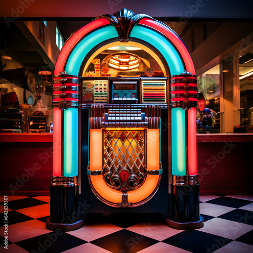 Old fashioned 1950's style jukebox in a diner. Generative ai.  © PixelHD