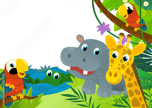 cartoon scene with jungle and animals and parrot bird being together as frame illustration for children © honeyflavour