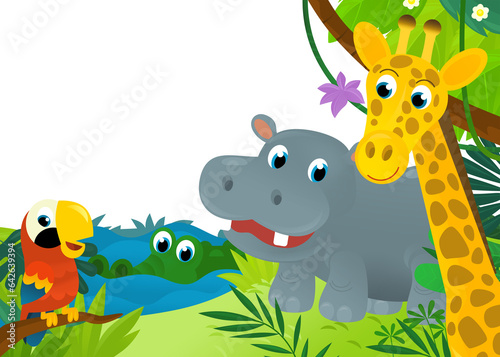 Fototapeta Naklejka Na Ścianę i Meble -  cartoon scene with jungle and animals and parrot bird being together as frame illustration for children