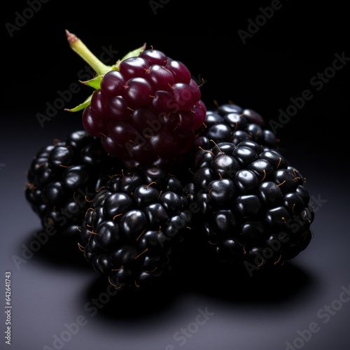 Fresh Organic Blackberry Berry Photorealistic Square Illustration. Healthy Vegetarian Diet. Ai Generated bright Illustration on Dark Background. Juicy Blackberry Berry.