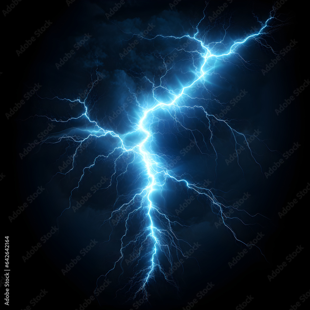 A blue lightning bold with a black background. A concept of natural weather phenomenon. Generative ai. A blue lightning bold with a black background. A concept of natural weather phenomenon. Generative ai.