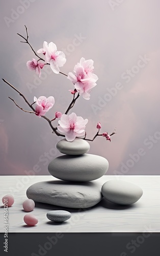 some rocks and flowers on top of each other stones there is a pink cherry blossom in the background has a grey wall