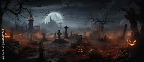 Happy Halloween background spooky scene  creepy dark night jack o lantern pumpkins and spooky graves on graveyard ghosts horror gothic evil cemetery landscape. Mysterious night moonlight backdrop.