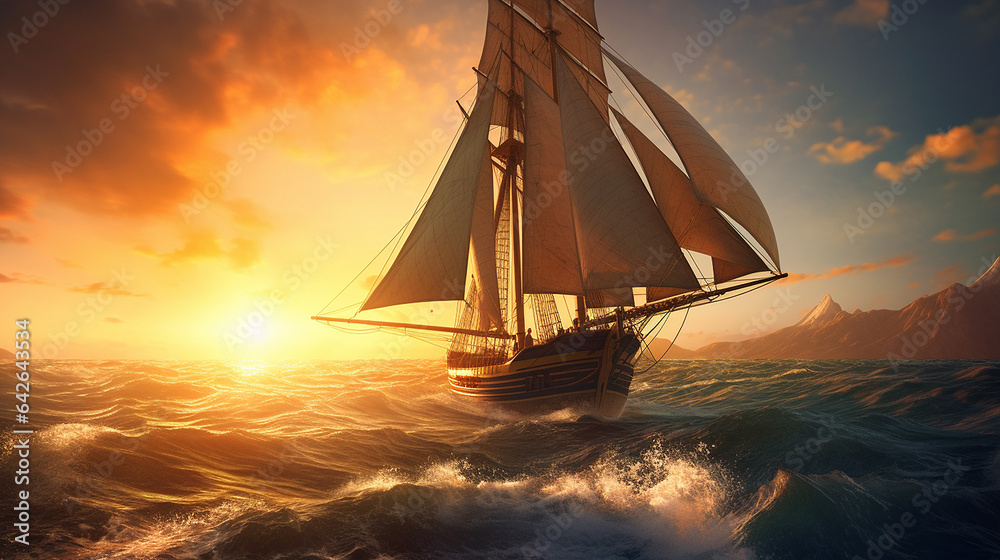 Fototapeta premium Follow wind sailboat sea sunset high elements sailing image Ai generated art