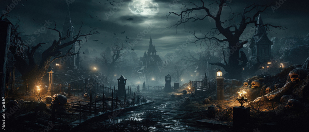 Happy Halloween background spooky scene, creepy dark night jack o lantern pumpkins and spooky graves on graveyard ghosts horror gothic evil cemetery landscape. Mysterious night moonlight backdrop.