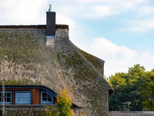 Old building with a thatched roof. Traditional architecture in a German town next to a coast. Close up of the building exterior. Moss is growing on the roofing material. photo