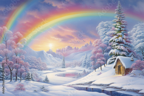 Vintage Christmas and New Year snowy landscape background in shades of pastel rainbow colors.