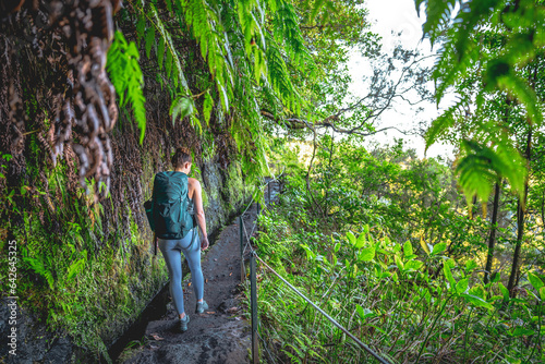 Woman walking along green rainforst hike trail overgrown with plants. Levada of Caldeirão Verde, Madeira Island, Portugal, Europe.