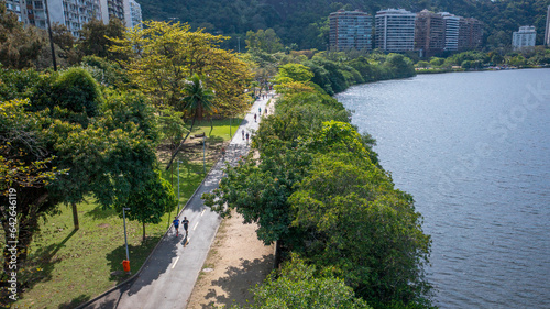 Aerial view of the leisure area and running track at Lagoa Rodrigo de Freitas, where people are jogging and exercising on a beautiful winter's morning in Rio de Janeiro. photo