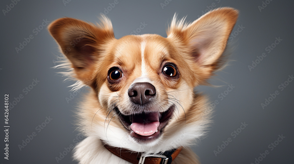 FCute chihuahua dog on grey background. Close up. Cute, happy, crazy dog headshot smiling on gray background with copy space