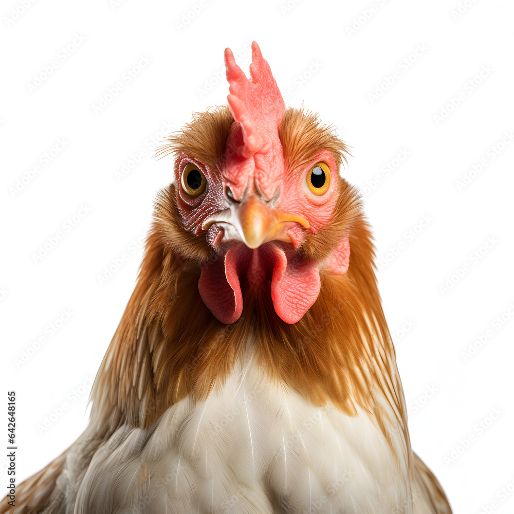 Close up shot of a chicken isolated with a white background. A farm animal and bird concept. Generative ai. 