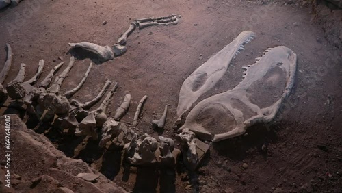 Closeup view of a dinosaur skull and bone remains ion the excavation site
