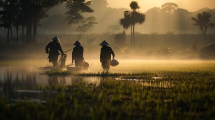 asian chinese farmer workers working at rice farm fields and harvesting rice. vintage clothing with straw hats. beautiful sunrise in morning. pc desktop wallpaper background. 16:9, 4k. Generative AI