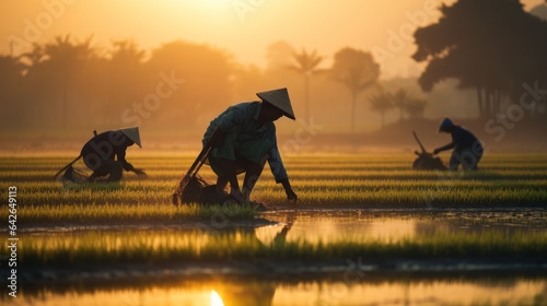 asian chinese farmer workers working at rice farm fields and harvesting rice. vintage clothing with straw hats. beautiful sunrise in morning. pc desktop wallpaper background. 16:9, 4k. Generative AI