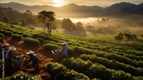 brazilian farmer workers working at coffee plantation fields harvesting beans. vintage clothing with straw hats. beautiful sunrise in morning. pc desktop wallpaper background. 16:9, 4k. Generative AI photo