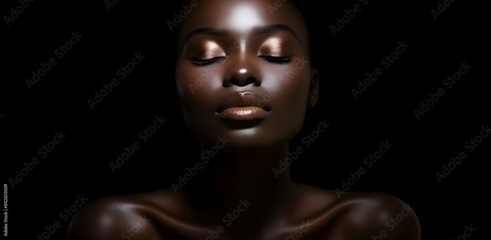 portrait, black woman's face on a black background, close-up, fashion photography, black and white effect, cosmetics portrait, black woman's face on a black background, close-up, fashion photography, black and white effect, cosmetics