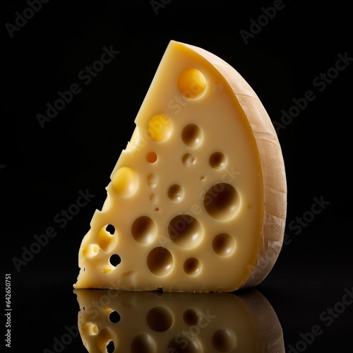 Delicious Swiss Cheese Photorealistic Square Illustration. Creamy Milk Product. Ai Generated bright Illustration on Dark Background. Tasty Swiss Cheese.