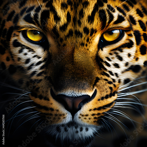 Close up of a Jaguar's face. A fierce image of a big cat's face. Generative ai. 