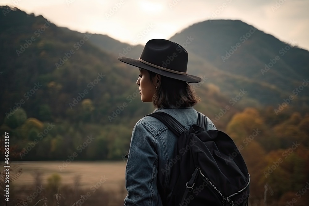 a person with a hat and backpack looking out at the mountains on a cloudy day in autumn or fall season