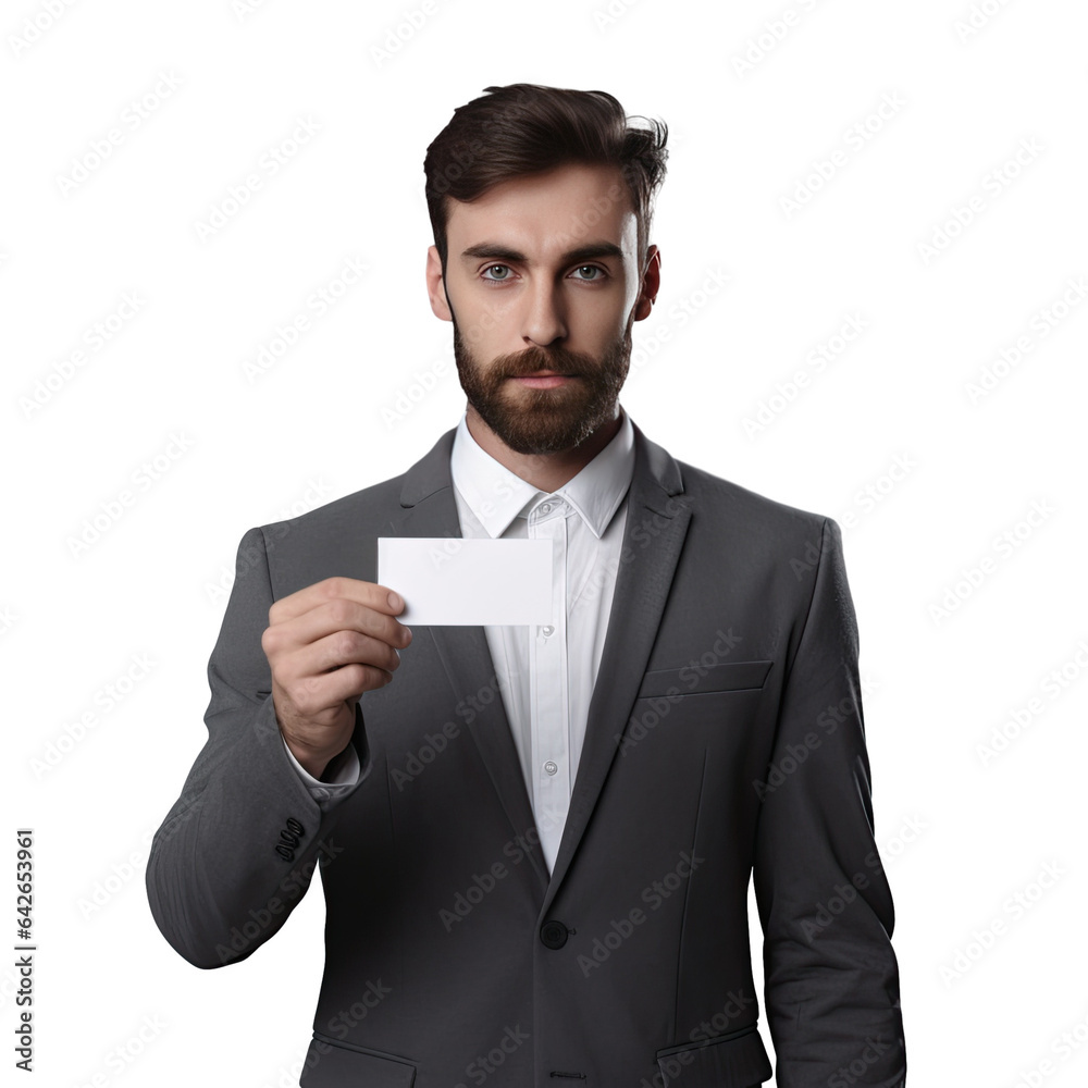 A professional man displaying a blank card on a transparent background in front of a camera A professional man displaying a blank card on a transparent background in front of a camera