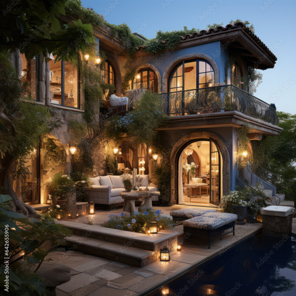 A blue mediterranean house with a patio 
