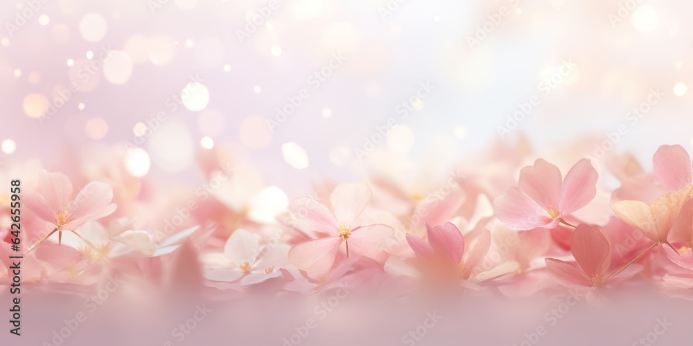 Spring layout banner with floral accents in pastel colors.