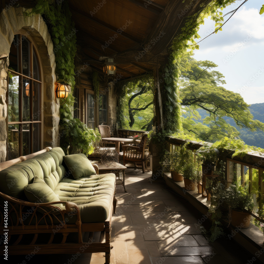  A green porch with vines along a winding river 
