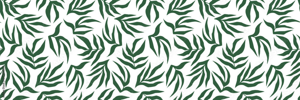 Seamless green vector pattern with tropical palm leaves. Transparent background minimalistic floral pattern for wallpaper or textile. Trendy green ornament.