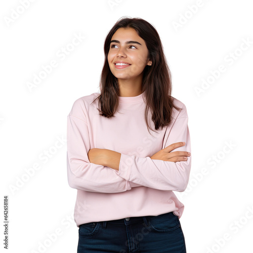 Confident brunette teenager posing for camera smiling and thinking positively © Sona