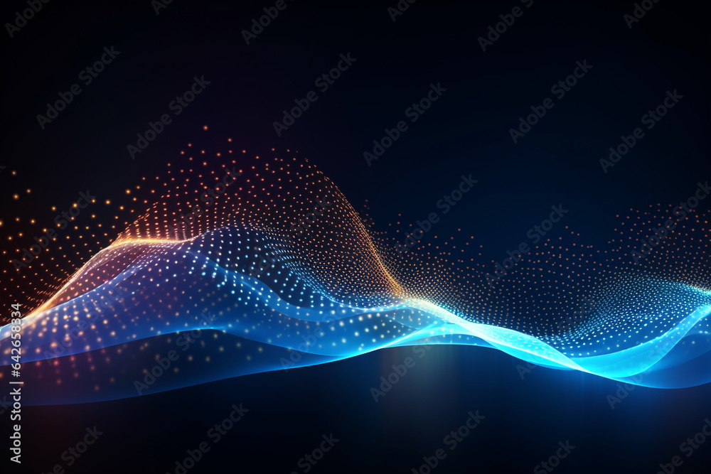 Abstract waving particle technology background design. Abstract wave moving dots flow particles, hi-tech and big data background. Abstract waving particle technology background design. Abstract wave moving dots flow particles, hi-tech and big data background.