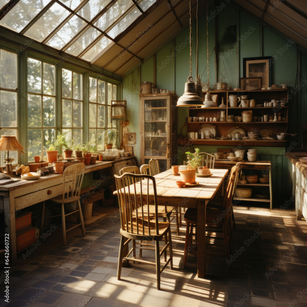 Rustic green house no light dining room with table
