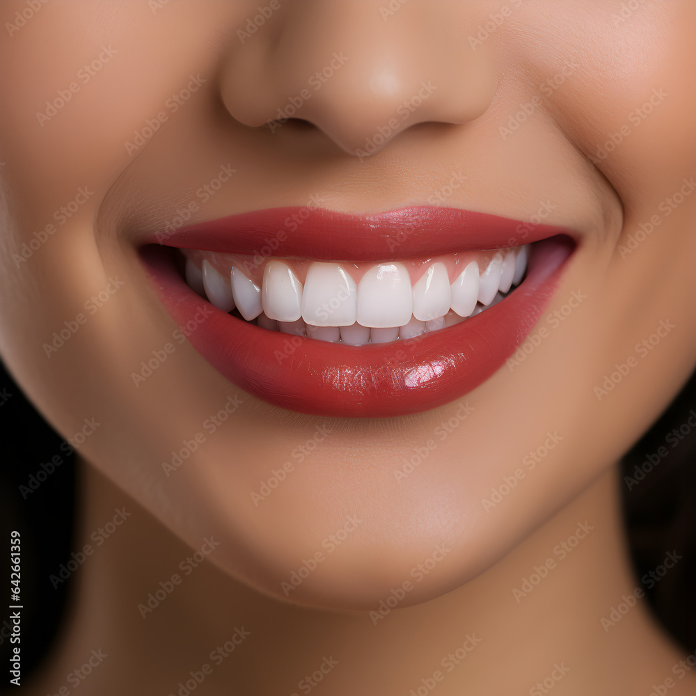 Woman smiling showing bright white teeth and a perfect smile. A dental hygiene concept. Generative ai. 